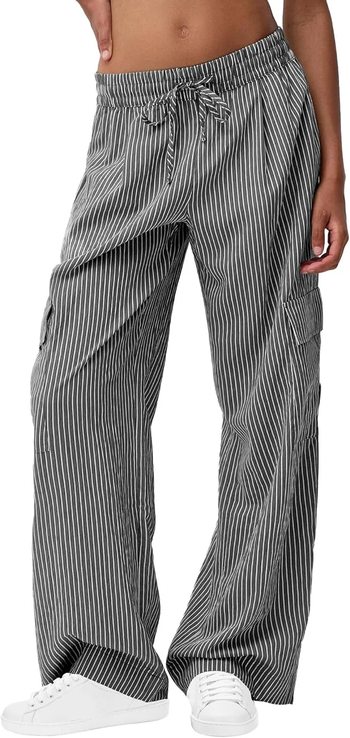 Striped Pants Women Drawstring Low Rise Wide Leg Lounge Pants Casual Loose Trousers Pajama Pants with Pockets