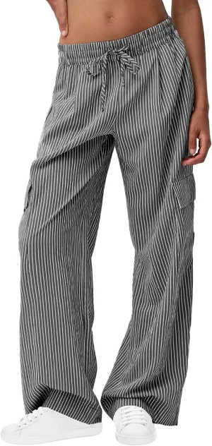 Striped Pants Women Drawstring Low Rise Wide Leg Lounge Pants Casual Loose Trousers Pajama Pants with Pockets