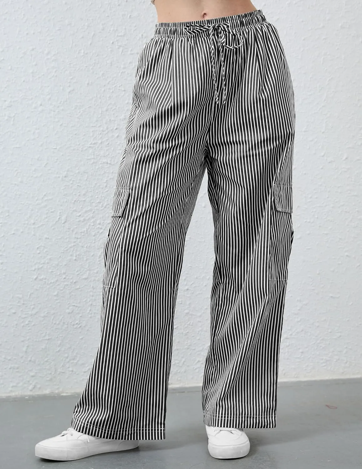 Striped Pants Women Drawstring Low Rise Wide Leg Lounge Pants Casual Loose Trousers Pajama Pants with Pockets