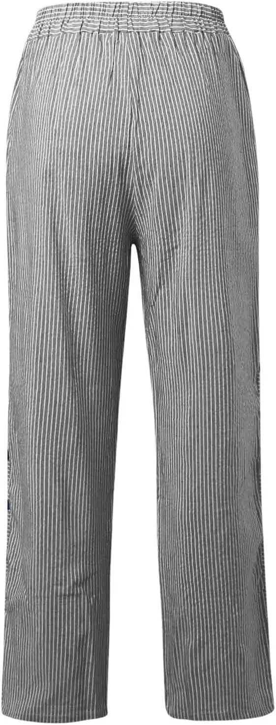 Striped Pants Women Side Button Pockets Baggy Elastic Waist Straight Leg Trousers Summer Beach Casual Pants for Women