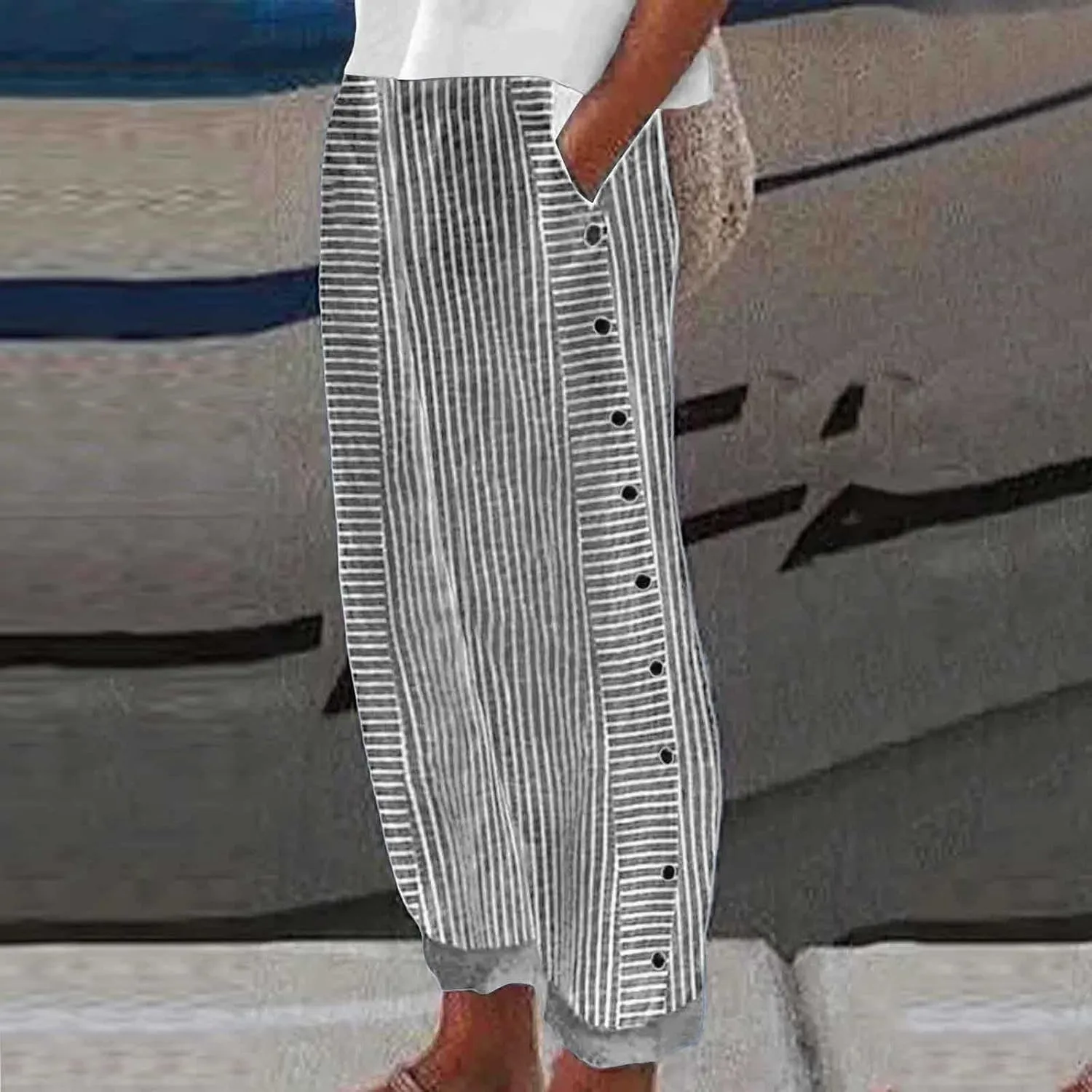 Striped Pants Women Side Button Pockets Baggy Elastic Waist Straight Leg Trousers Summer Beach Casual Pants for Women