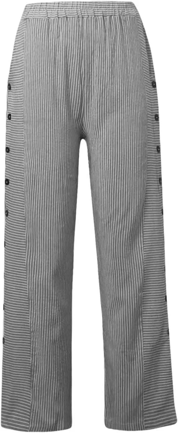 Striped Pants Women Side Button Pockets Baggy Elastic Waist Straight Leg Trousers Summer Beach Casual Pants for Women