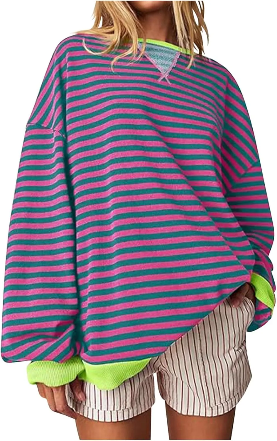 Striped Sweatshirt For Women 2024 Cute Fall Fashion Oversized Long Sleeve Crewneck Pullover Tops Teens y2k Outfits