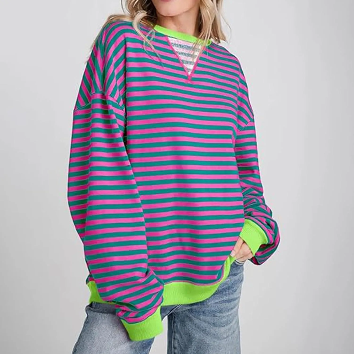 Striped Sweatshirt For Women 2024 Cute Fall Fashion Oversized Long Sleeve Crewneck Pullover Tops Teens y2k Outfits