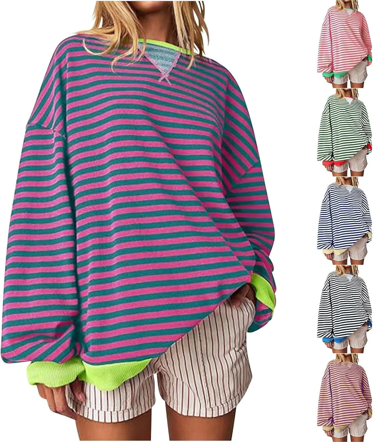 Striped Sweatshirt For Women 2024 Cute Fall Fashion Oversized Long Sleeve Crewneck Pullover Tops Teens y2k Outfits
