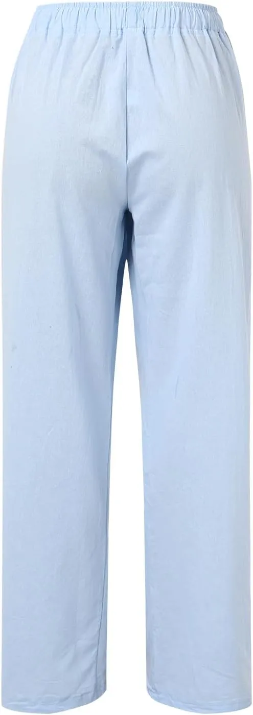 Summer Casual Pants For Women 2024 Trendy High Waist Pants Wide Leg Linen Palazzo Pants Lightweight Flowy Trouser