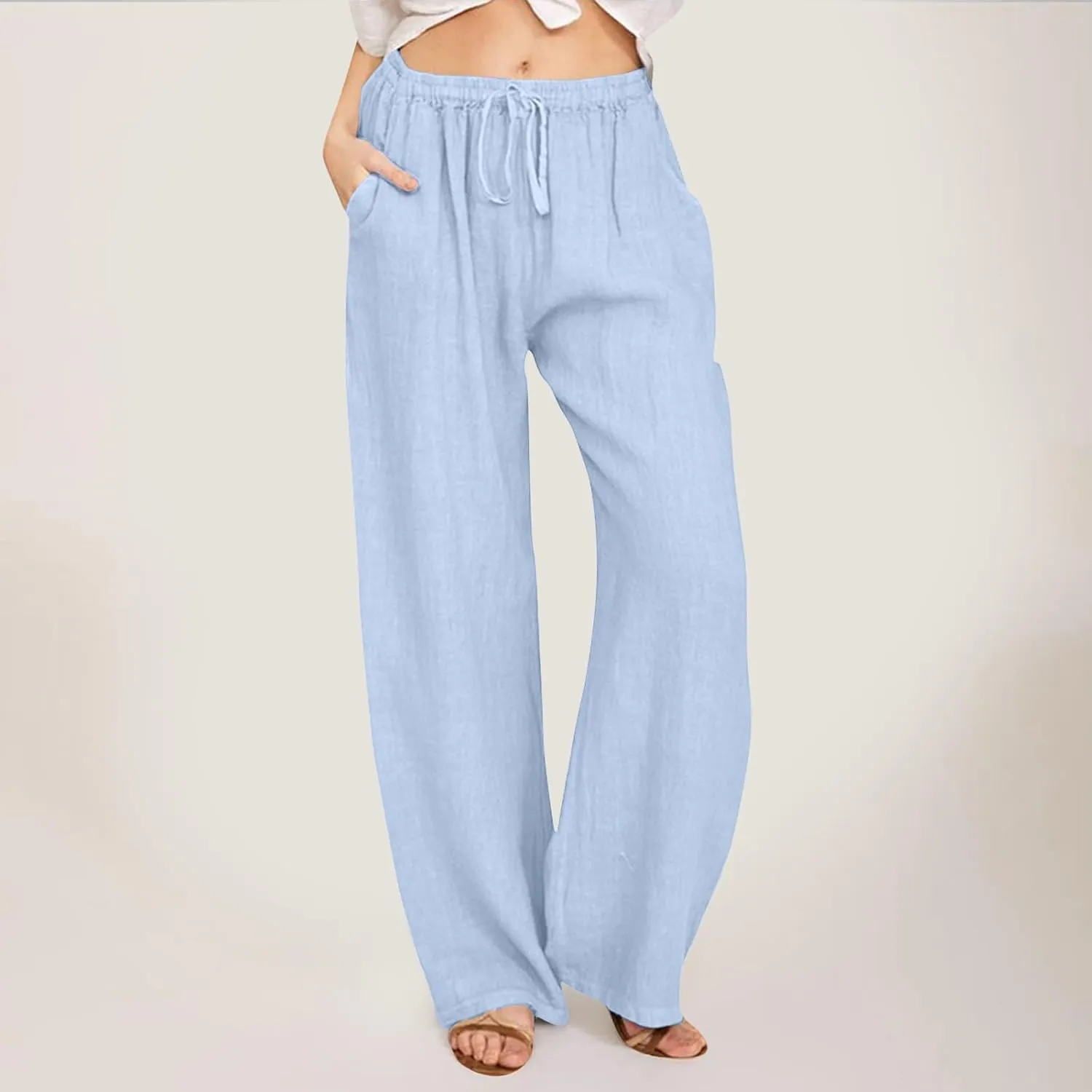 Summer Casual Pants For Women 2024 Trendy High Waist Pants Wide Leg Linen Palazzo Pants Lightweight Flowy Trouser