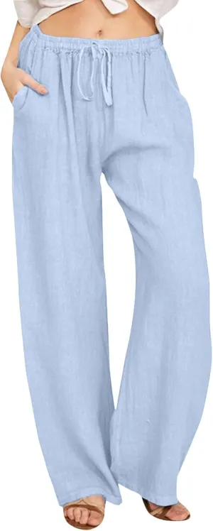 Summer Casual Pants For Women 2024 Trendy High Waist Pants Wide Leg Linen Palazzo Pants Lightweight Flowy Trouser