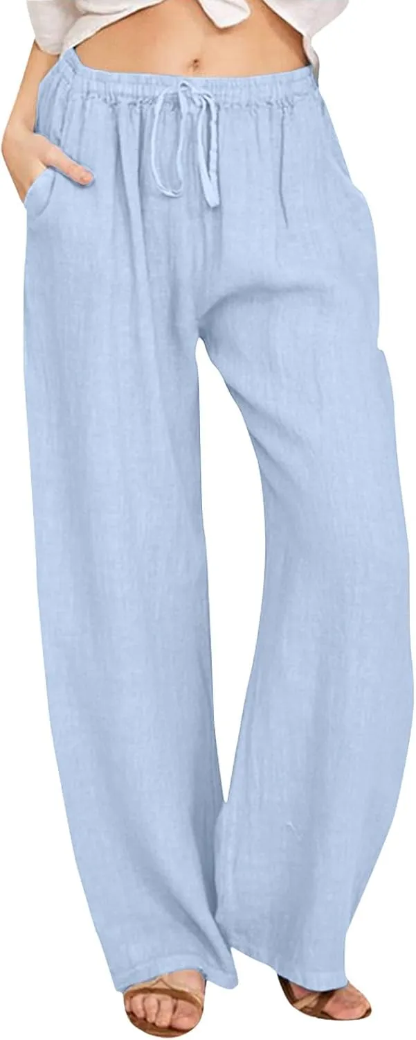 Summer Casual Pants For Women 2024 Trendy High Waist Pants Wide Leg Linen Palazzo Pants Lightweight Flowy Trouser