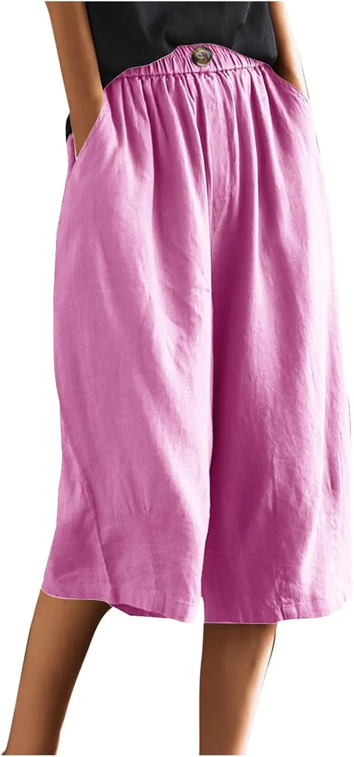 Summer Cotton Linen Capri Pant for Women, Elastic Waist Baggy Palazzo Pants Fashion Going Out Casual Home Trousers
