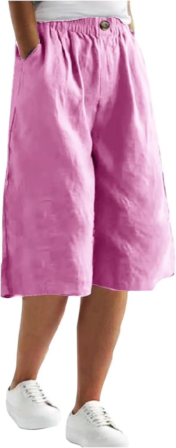 Summer Cotton Linen Capri Pant for Women, Elastic Waist Baggy Palazzo Pants Fashion Going Out Casual Home Trousers