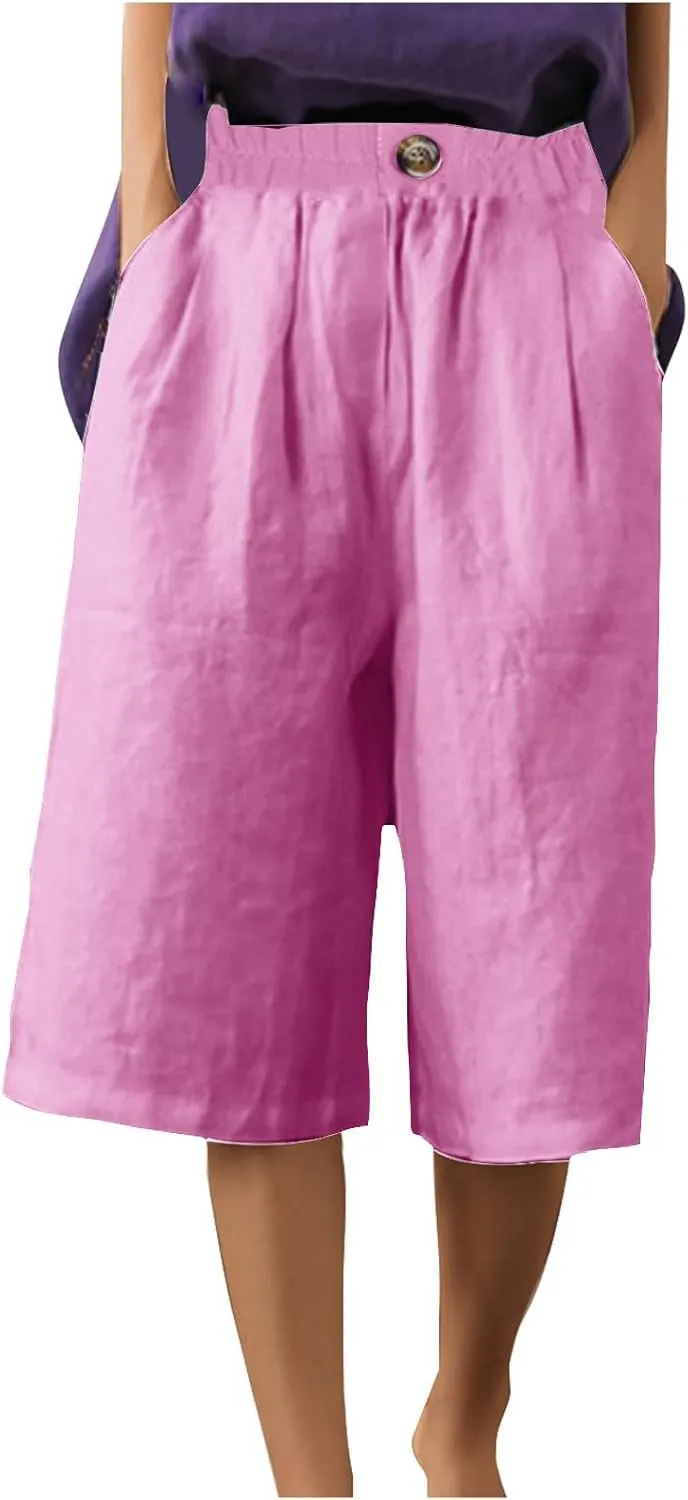 Summer Cotton Linen Capri Pant for Women, Elastic Waist Baggy Palazzo Pants Fashion Going Out Casual Home Trousers