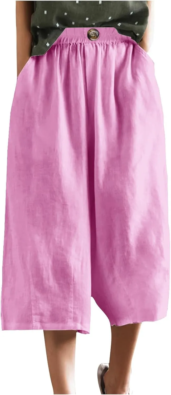 Summer Cotton Linen Capri Pant for Women, Elastic Waist Baggy Palazzo Pants Fashion Going Out Casual Home Trousers