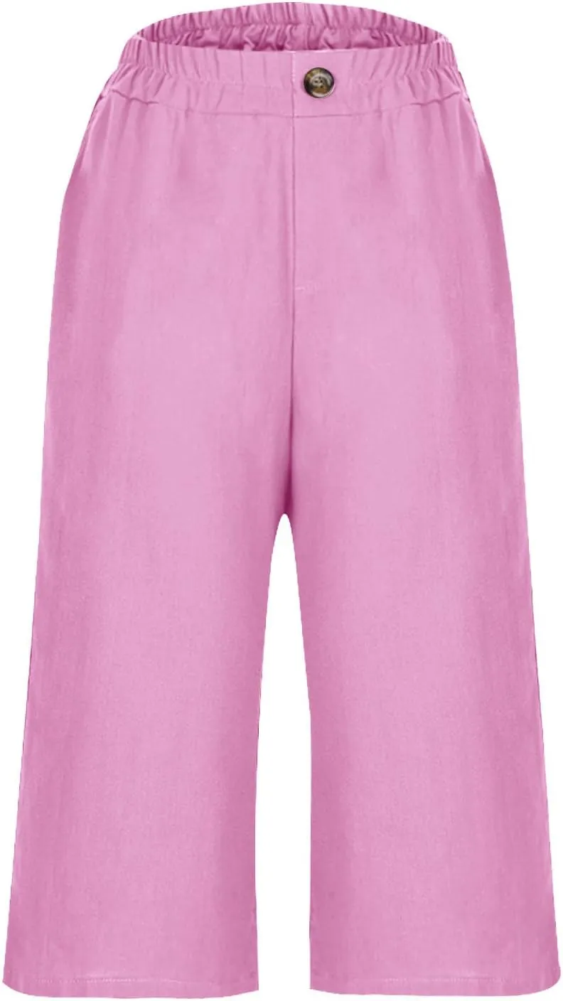 Summer Cotton Linen Capri Pant for Women, Elastic Waist Baggy Palazzo Pants Fashion Going Out Casual Home Trousers