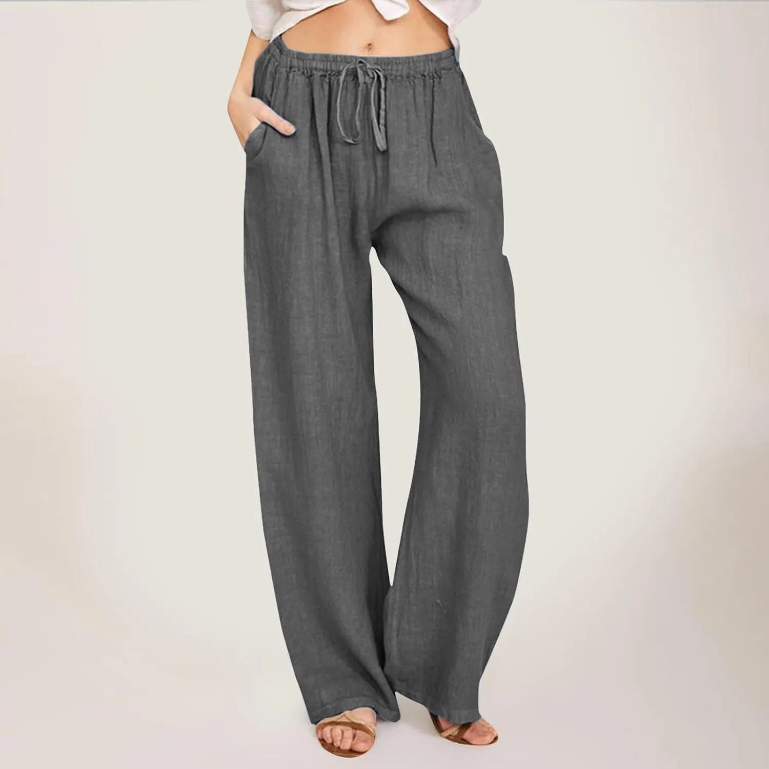 Summer Linen Pants For Women 2024 Summer Wide Leg Casual Palazzo Pants Drawstring Lounge Trousers Baggy Sweatpants