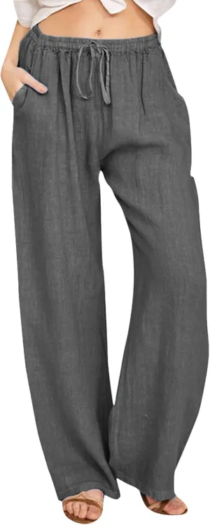 Summer Linen Pants For Women 2024 Summer Wide Leg Casual Palazzo Pants Drawstring Lounge Trousers Baggy Sweatpants