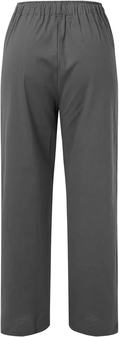 Summer Linen Pants For Women 2024 Summer Wide Leg Casual Palazzo Pants Drawstring Lounge Trousers Baggy Sweatpants