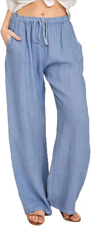 Summer Linen Pants Women Lightweight Wide Leg Palazzo Pants Loose Fit Drawstring Flowy Lounge Trousers with Pockets