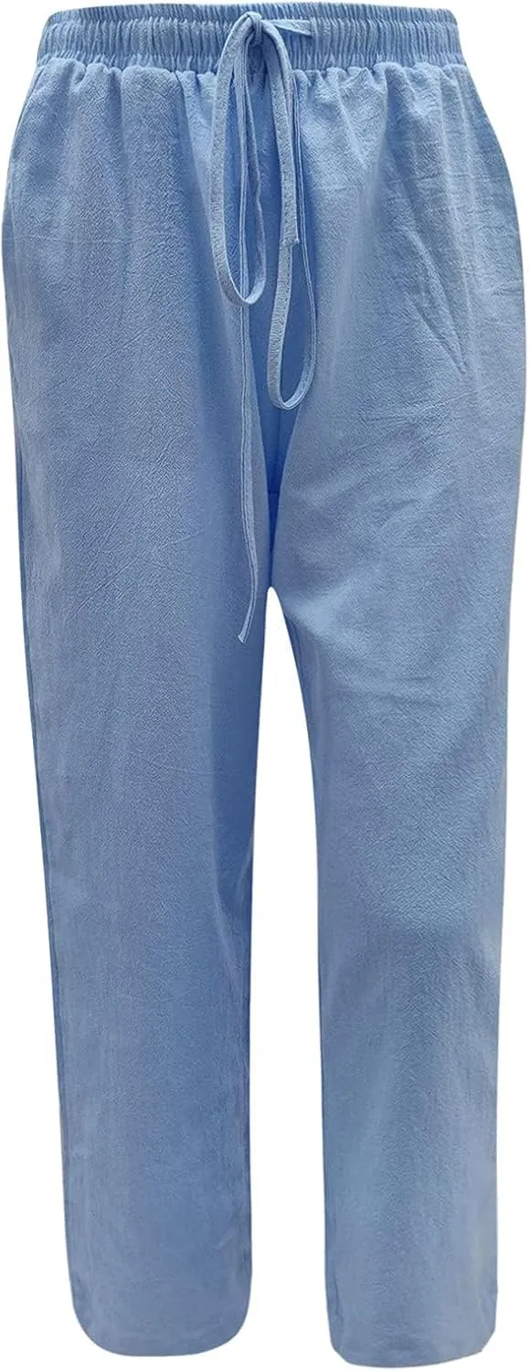 Summer Linen Pants Women Lightweight Wide Leg Palazzo Pants Loose Fit Drawstring Flowy Lounge Trousers with Pockets