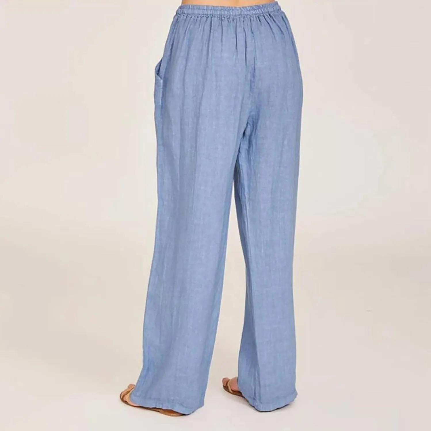 Summer Linen Pants Women Lightweight Wide Leg Palazzo Pants Loose Fit Drawstring Flowy Lounge Trousers with Pockets