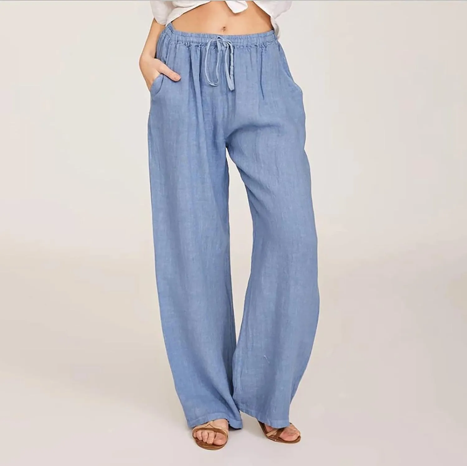 Summer Linen Pants Women Lightweight Wide Leg Palazzo Pants Loose Fit Drawstring Flowy Lounge Trousers with Pockets