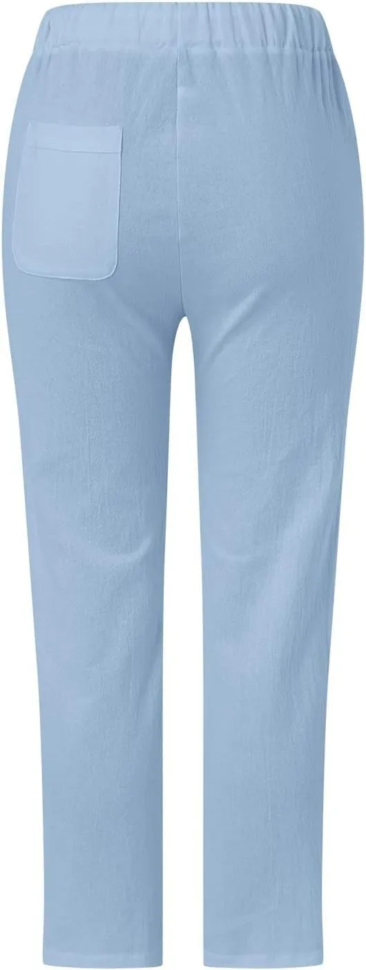 Summer Pants for Women 2024 Cotton Linen Floral Printed Pants Casual Elastic Waist Crop Trousers with Pockets