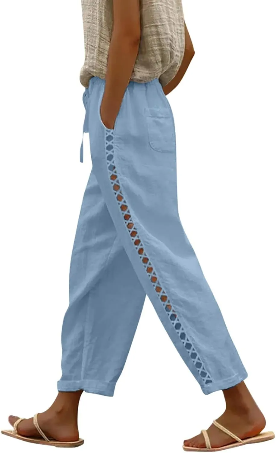 Summer Pants for Women 2024 Cotton Linen Floral Printed Pants Casual Elastic Waist Crop Trousers with Pockets