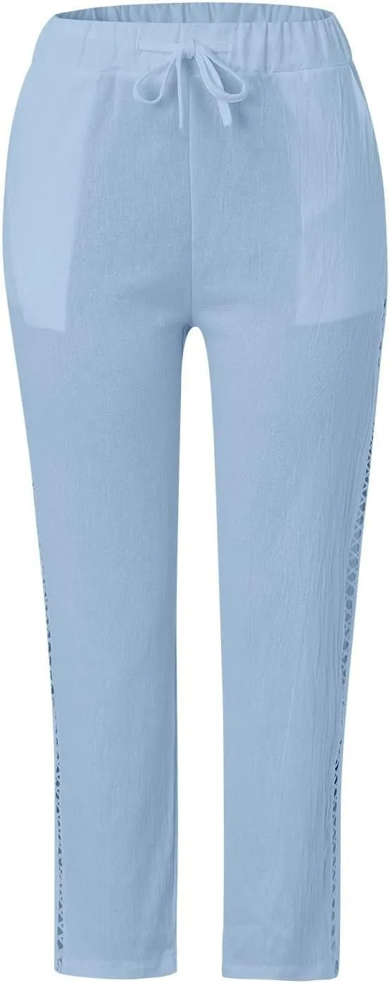 Summer Pants for Women 2024 Cotton Linen Floral Printed Pants Casual Elastic Waist Crop Trousers with Pockets