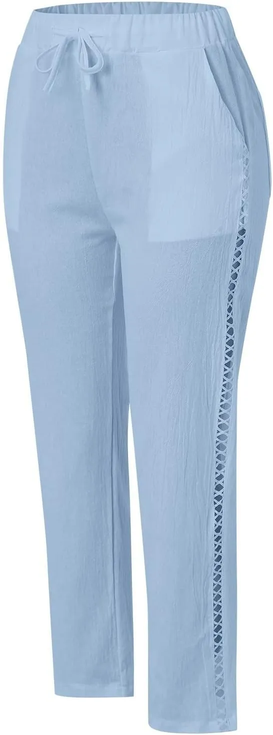 Summer Pants for Women 2024 Cotton Linen Floral Printed Pants Casual Elastic Waist Crop Trousers with Pockets