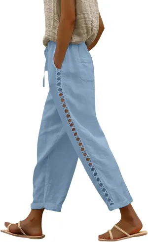 Summer Pants for Women 2024 Cotton Linen Floral Printed Pants Casual Elastic Waist Crop Trousers with Pockets