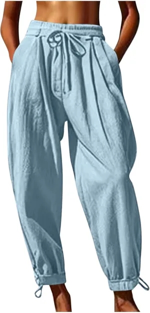 Summer Pants for Women Cotton Linen Wide Leg Pants Close Bottom Joggers Elastic Waist Casual Trousers with Pockets