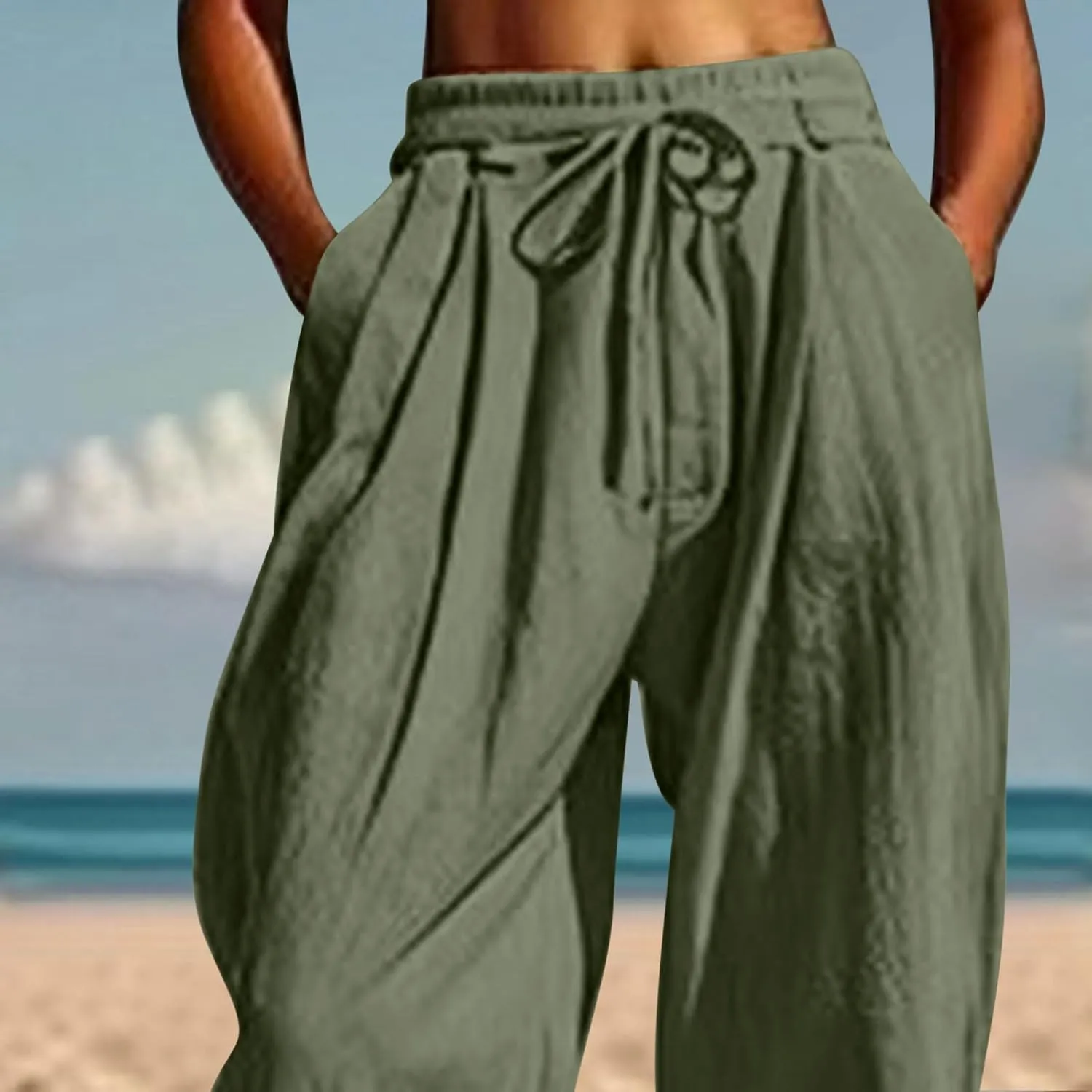 Summer Pants for Women Cotton Linen Wide Leg Pants Close Bottom Joggers Elastic Waist Casual Trousers with Pockets