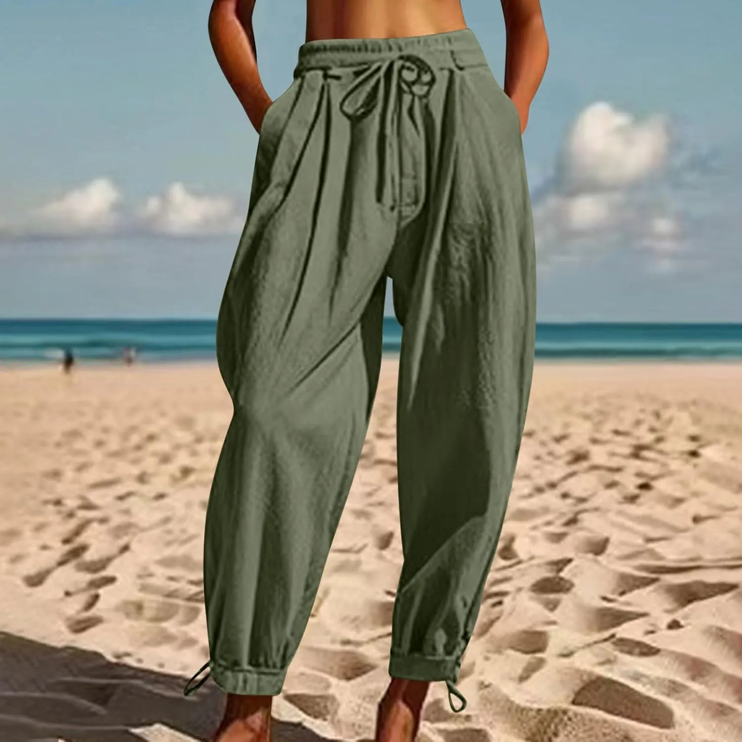 Summer Pants for Women Cotton Linen Wide Leg Pants Close Bottom Joggers Elastic Waist Casual Trousers with Pockets