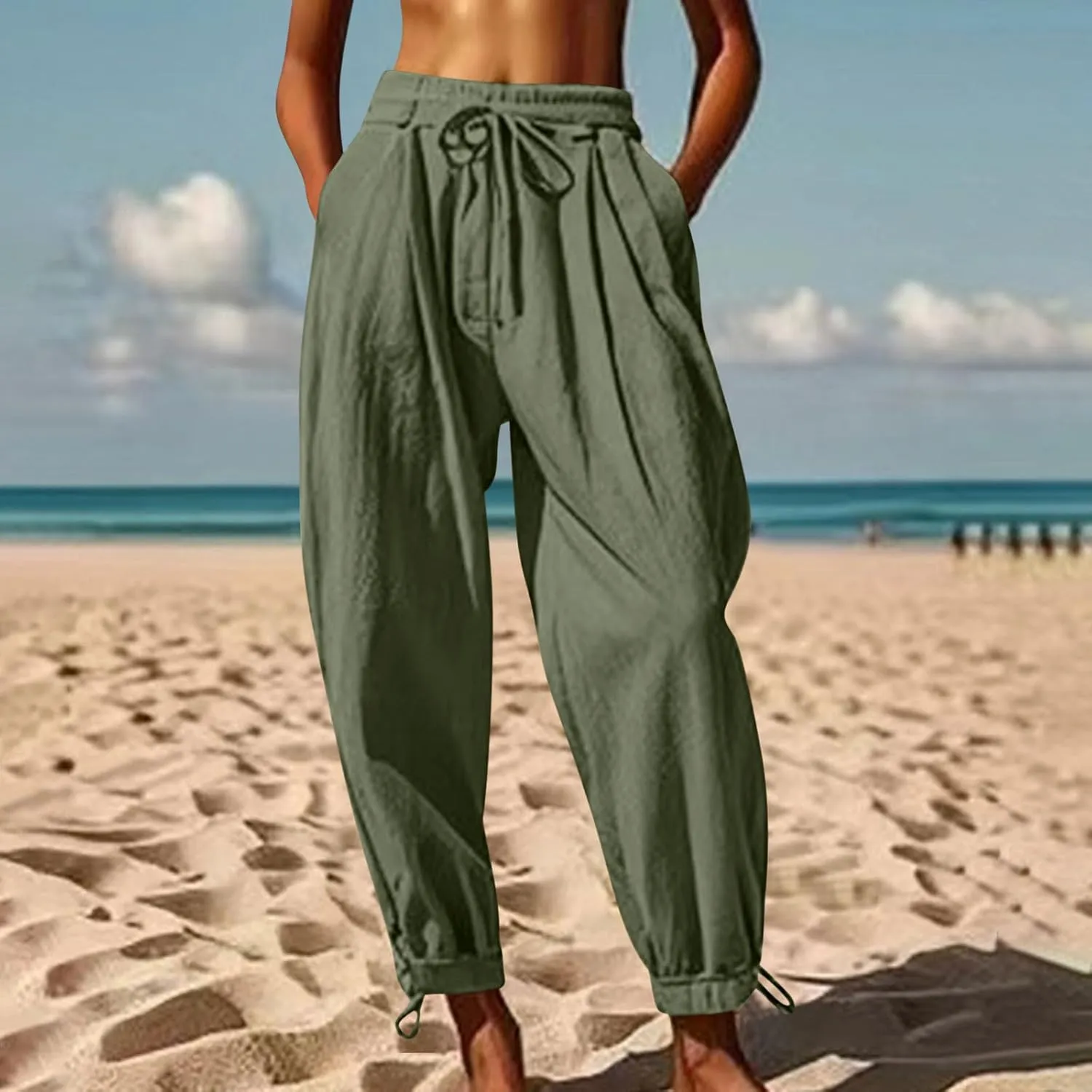 Summer Pants for Women Cotton Linen Wide Leg Pants Close Bottom Joggers Elastic Waist Casual Trousers with Pockets