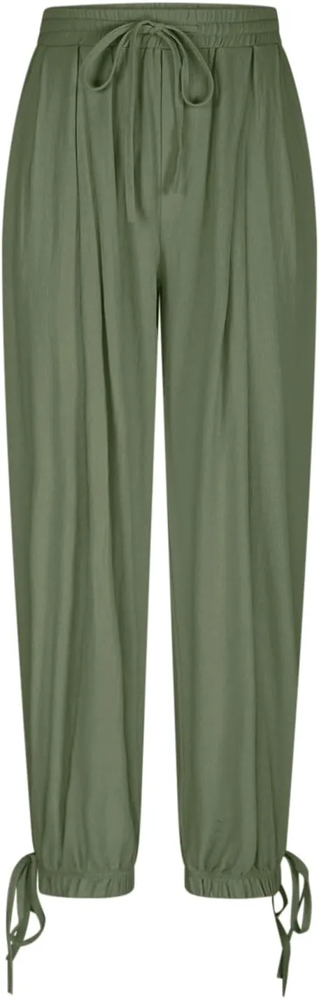 Summer Pants for Women Cotton Linen Wide Leg Pants Close Bottom Joggers Elastic Waist Casual Trousers with Pockets