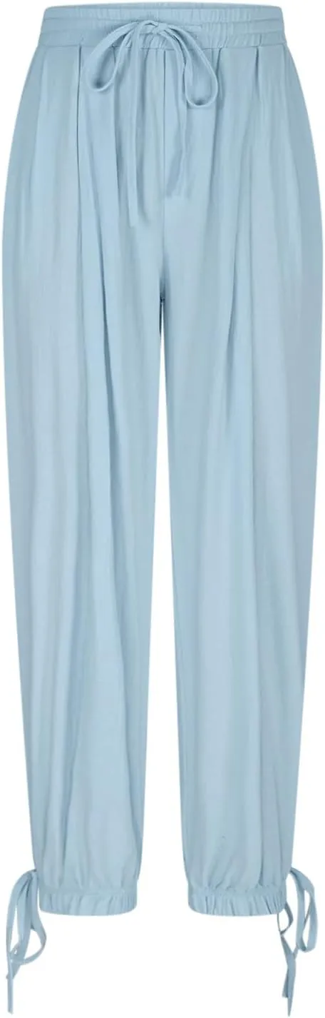 Summer Pants for Women Cotton Linen Wide Leg Pants Close Bottom Joggers Elastic Waist Casual Trousers with Pockets