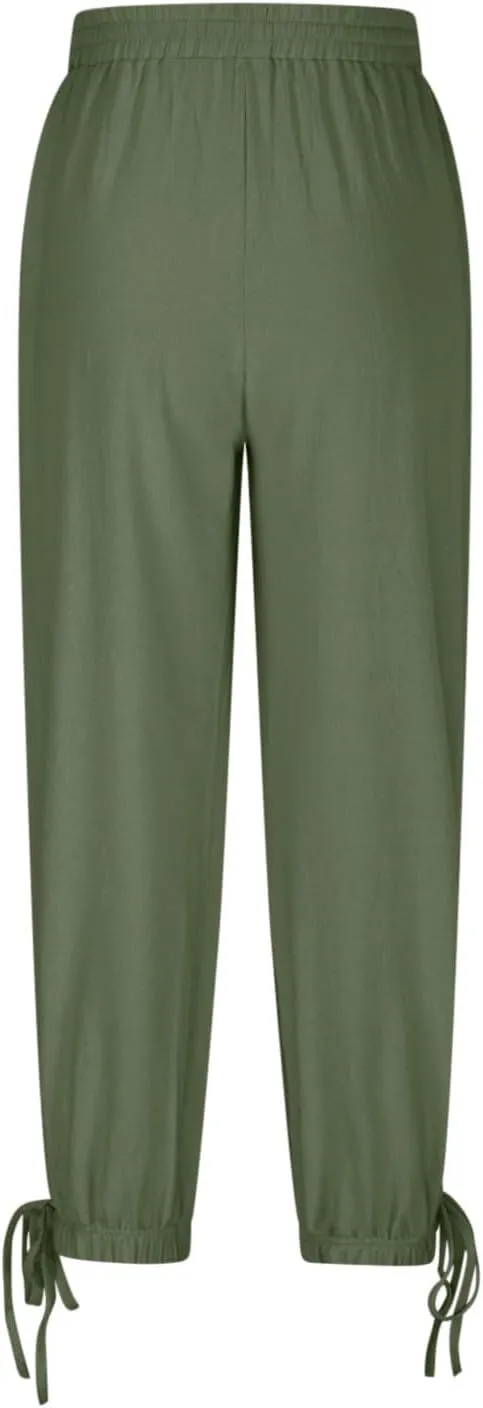 Summer Pants for Women Cotton Linen Wide Leg Pants Close Bottom Joggers Elastic Waist Casual Trousers with Pockets