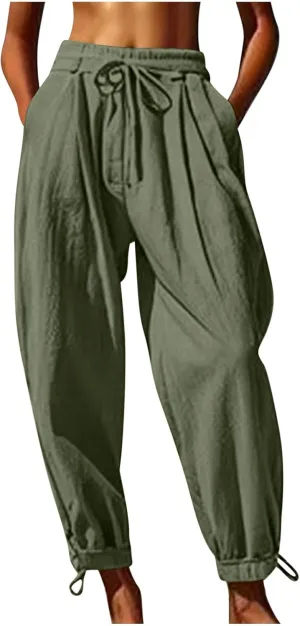 Summer Pants for Women Cotton Linen Wide Leg Pants Close Bottom Joggers Elastic Waist Casual Trousers with Pockets