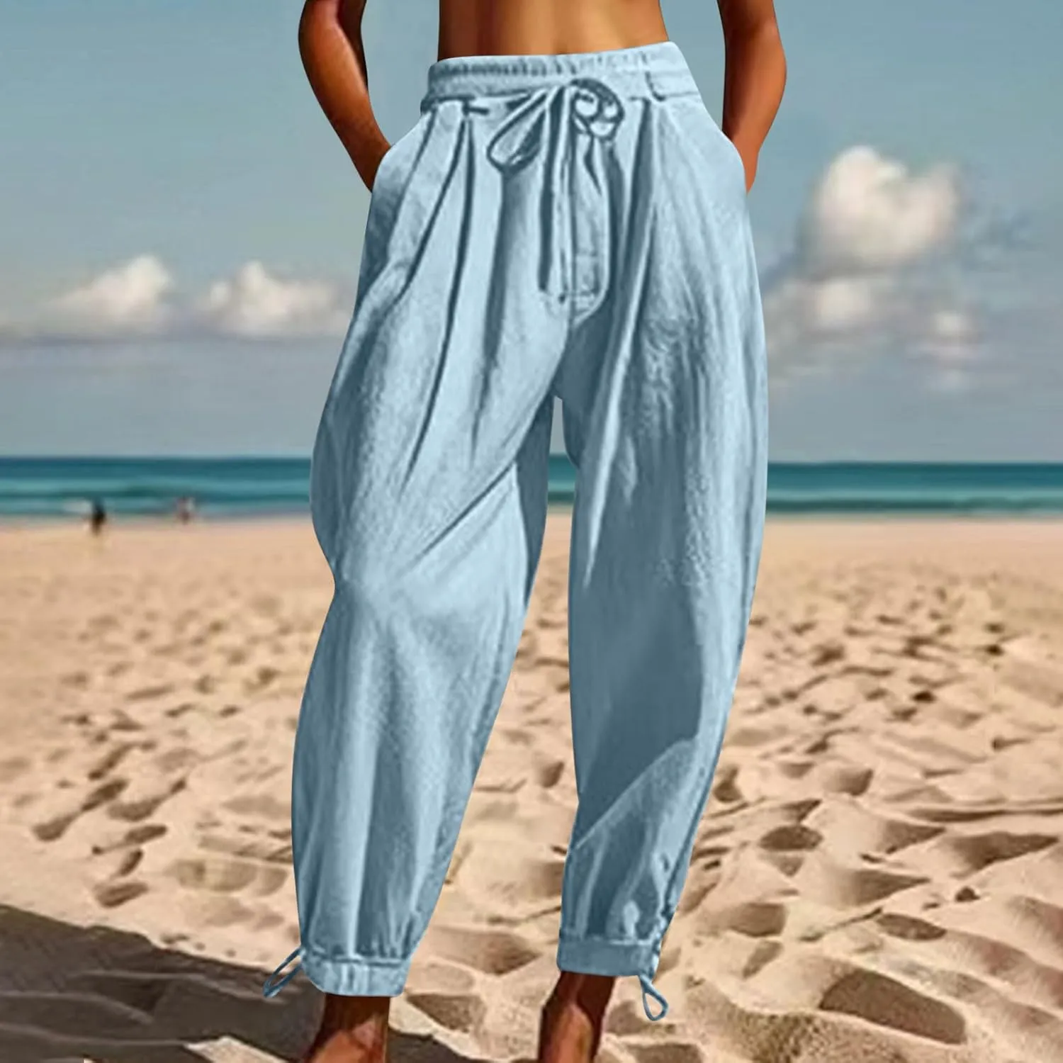 Summer Pants for Women Cotton Linen Wide Leg Pants Close Bottom Joggers Elastic Waist Casual Trousers with Pockets
