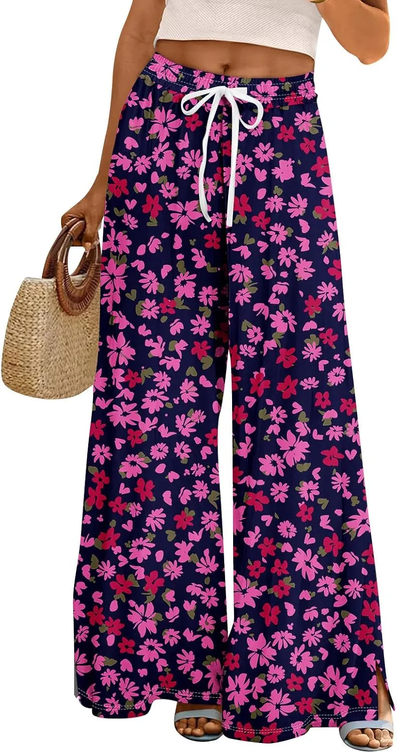 Summer Wide Leg Pants High Waistd Beach Palazzo Pants Side Split Drawstring Elastic Waist Floral Print Pockets Trouser