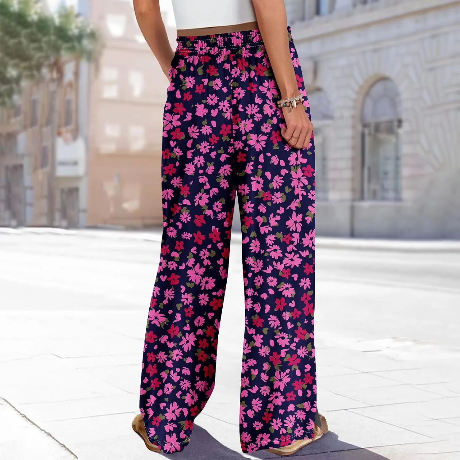 Summer Wide Leg Pants High Waistd Beach Palazzo Pants Side Split Drawstring Elastic Waist Floral Print Pockets Trouser