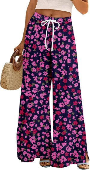 Summer Wide Leg Pants High Waistd Beach Palazzo Pants Side Split Drawstring Elastic Waist Floral Print Pockets Trouser
