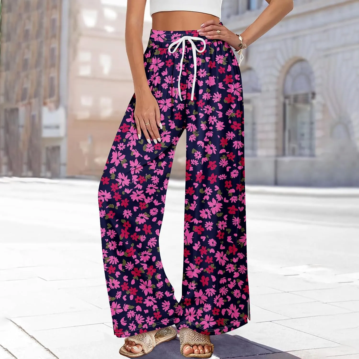 Summer Wide Leg Pants High Waistd Beach Palazzo Pants Side Split Drawstring Elastic Waist Floral Print Pockets Trouser