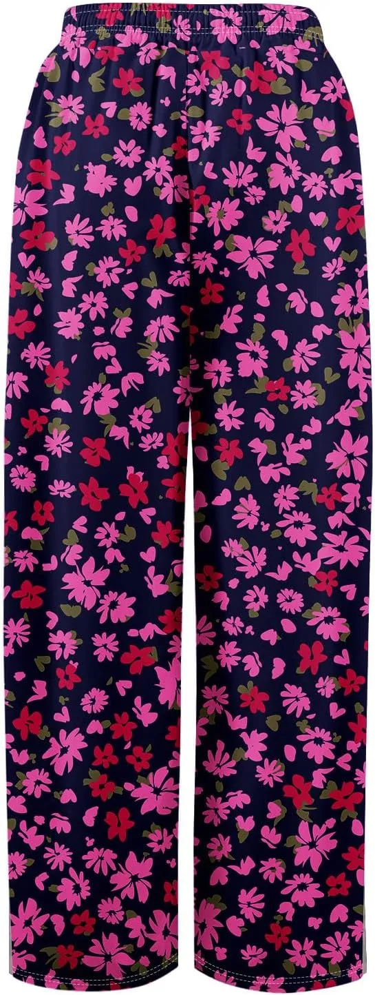 Summer Wide Leg Pants High Waistd Beach Palazzo Pants Side Split Drawstring Elastic Waist Floral Print Pockets Trouser