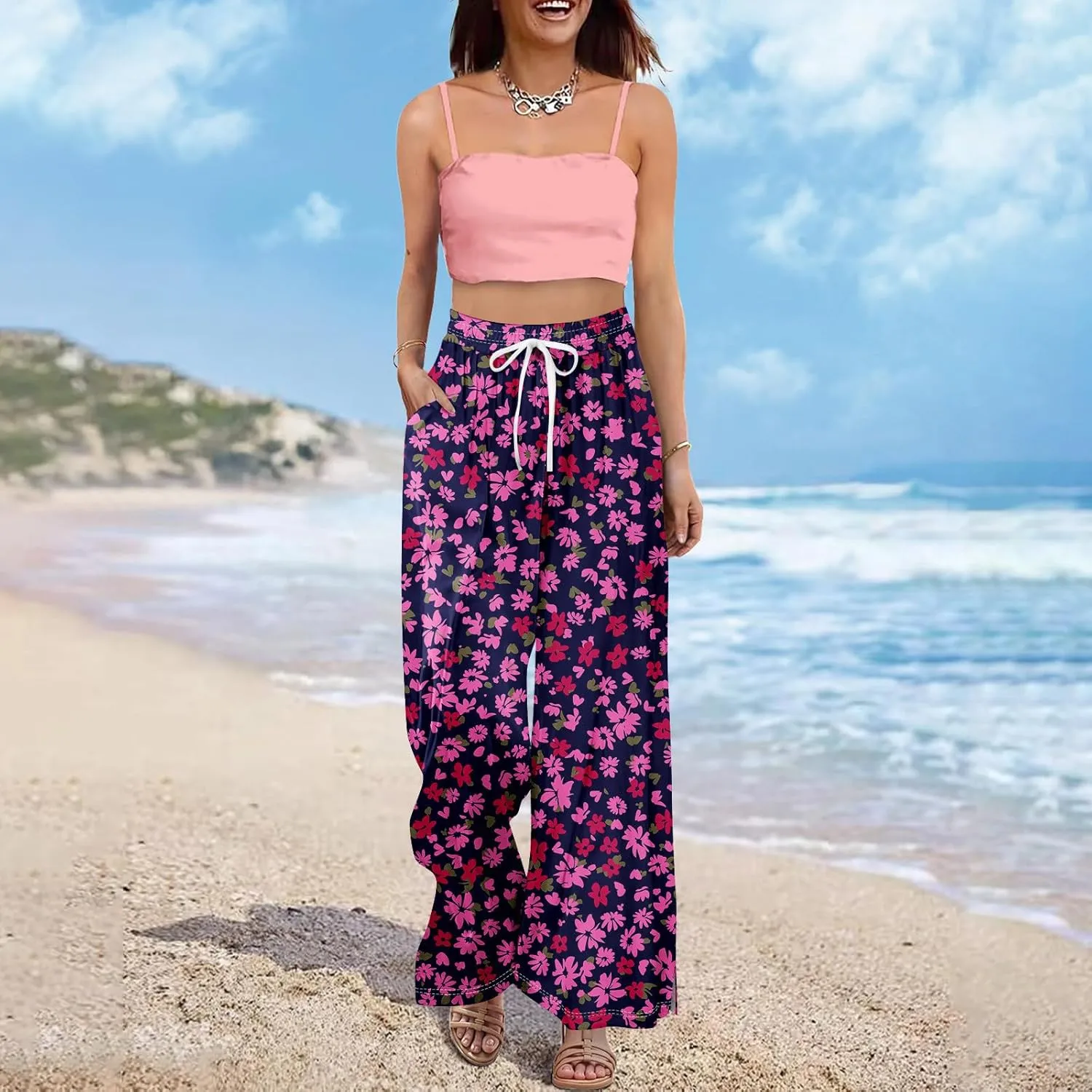 Summer Wide Leg Pants High Waistd Beach Palazzo Pants Side Split Drawstring Elastic Waist Floral Print Pockets Trouser