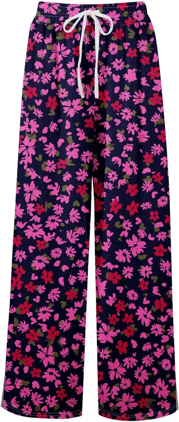 Summer Wide Leg Pants High Waistd Beach Palazzo Pants Side Split Drawstring Elastic Waist Floral Print Pockets Trouser