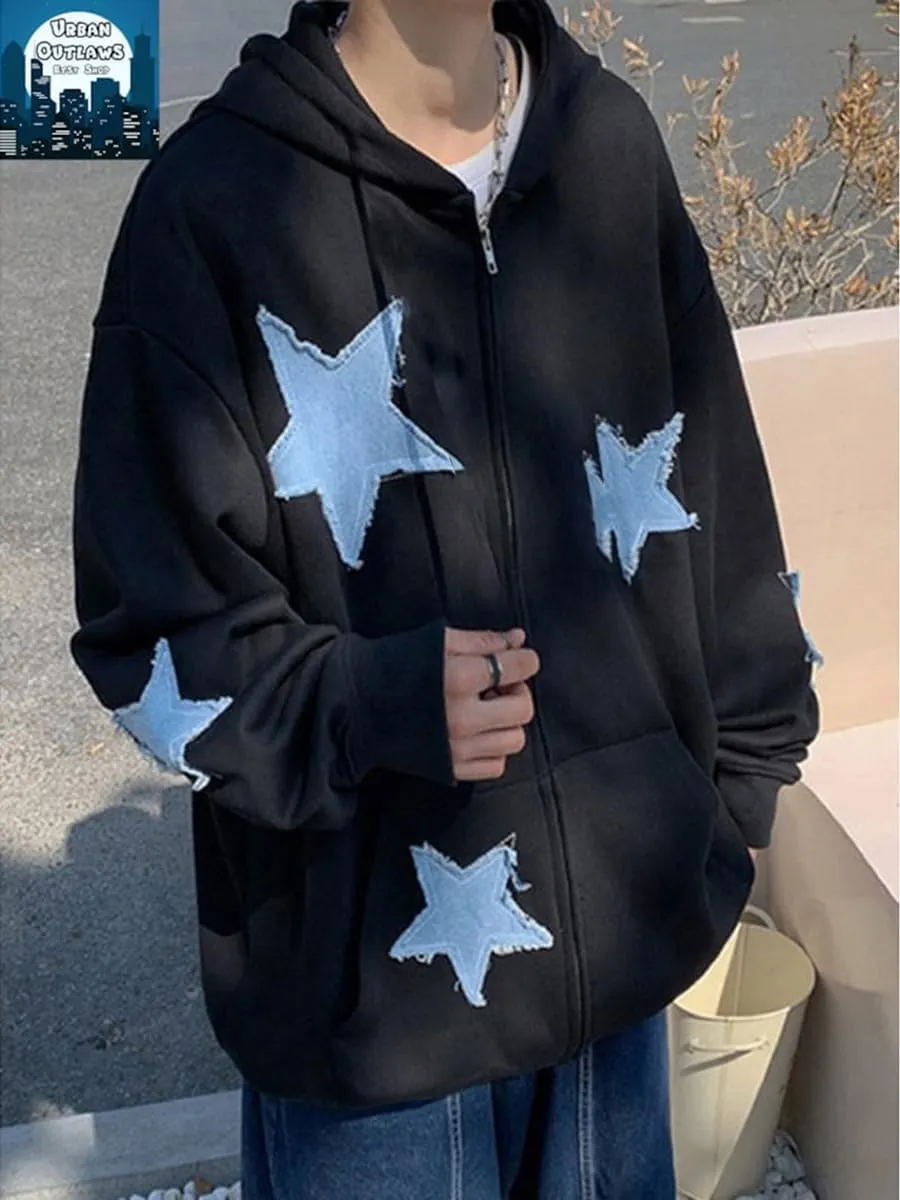 Sunwittafy Women Aesthetic Star Graphic Hoodie Y2k Zip Up Long Sleeve Oversized Sweatshirt Goth Jacket Vintage Streetwear
