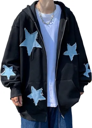 Sunwittafy Women Aesthetic Star Graphic Hoodie Y2k Zip Up Long Sleeve Oversized Sweatshirt Goth Jacket Vintage Streetwear
