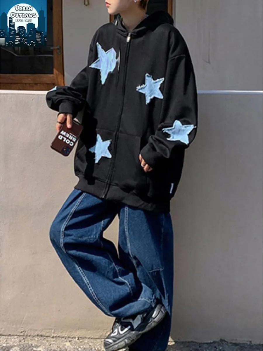 Sunwittafy Women Aesthetic Star Graphic Hoodie Y2k Zip Up Long Sleeve Oversized Sweatshirt Goth Jacket Vintage Streetwear
