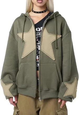 Sunwittafy Women Aesthetic Star Graphic Hoodie Y2k Zip Up Long Sleeve Oversized Sweatshirt Goth Jacket Vintage Streetwear